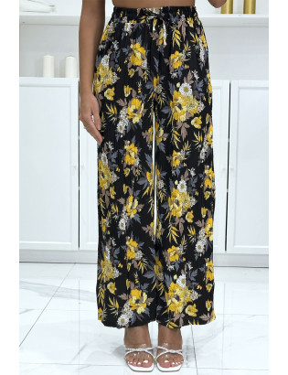 Pantalon palazzo plissé noir à motif fleuris