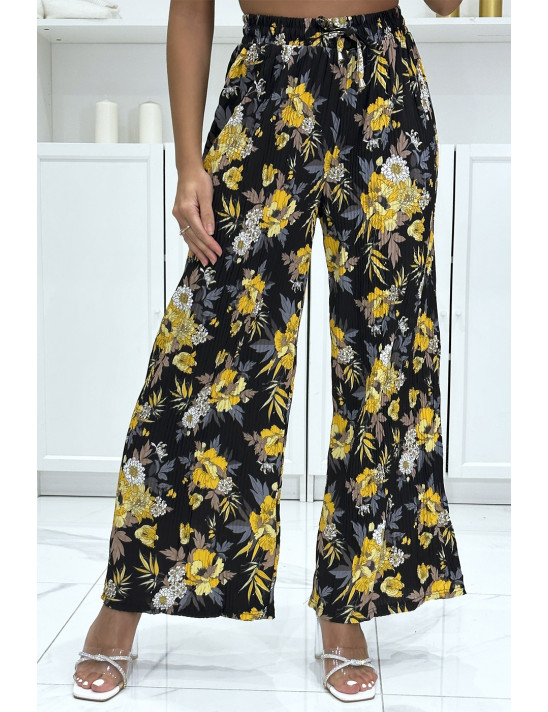 Pantalon palazzo plissé noir à motif fleuris