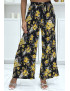 Pantalon palazzo plissé noir à motif fleuris