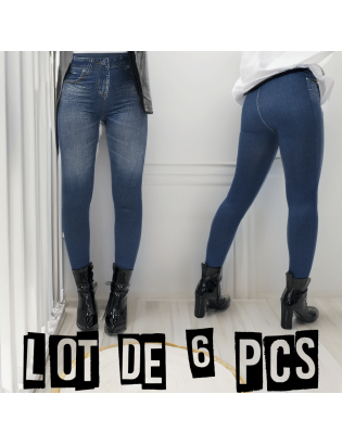 Lot de 6 Leggings bleu molletonné taille haute motif jean délavé - 1