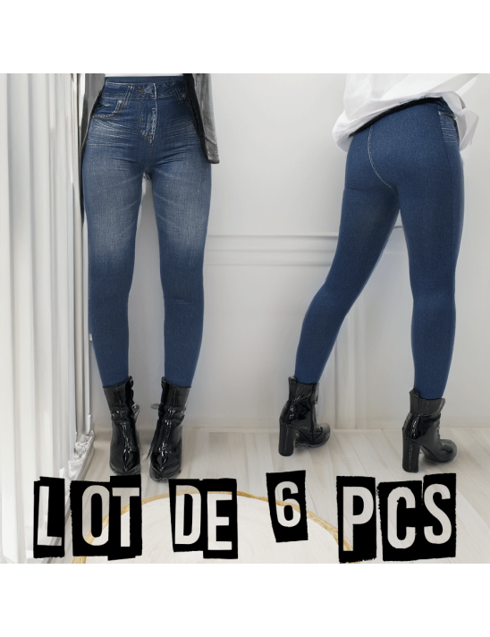 Lot de 6 Leggings bleu molletonné taille haute motif jean délavé - 1