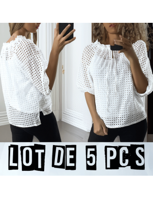 Lot de 5 Blouses blanche manches bouffante col bateau en matière à trous - 1