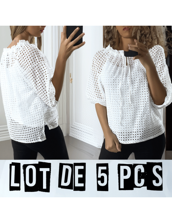 Lot de 5 Blouses blanche manches bouffante col bateau en matière à trous - 1