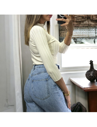 Haut manche 3/4 en maille côtelé beige très extensible  - 1