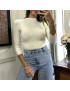 Haut manche 3/4 en maille côtelé beige très extensible  - 2
