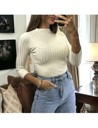 Haut manche 3/4 en maille côtelé beige très extensible  - 3
