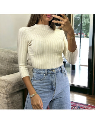 Haut manche 3/4 en maille côtelé beige très extensible  - 4