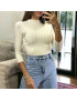 Haut manche 3/4 en maille côtelé beige très extensible  - 4