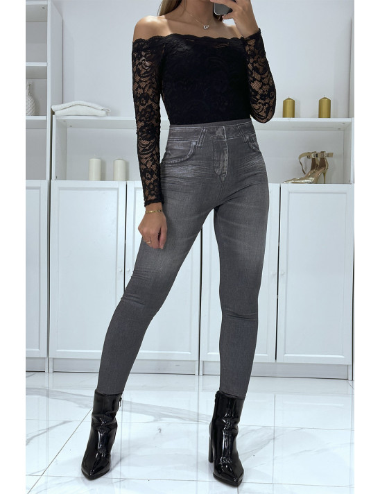 Legging noir taille haute et molletonné motif jean délavé - 1