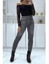 Legging noir taille haute et molletonné motif jean délavé - 1