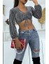 Crop top argenté manches longues à motif leopard pailleté - 1