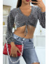 Crop top argenté manches longues à motif leopard pailleté - 2