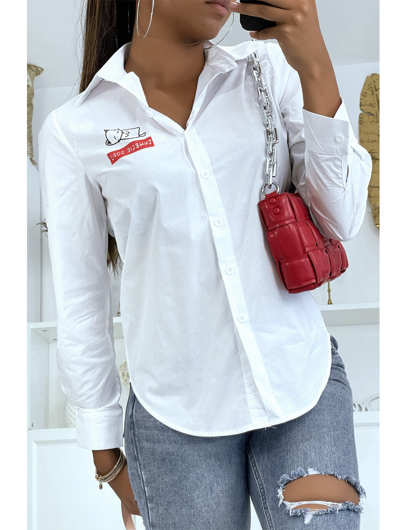 Chemise blanche cintrée avec illustration chat - 4