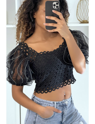 Crop top noir à manches bouffantes - 1