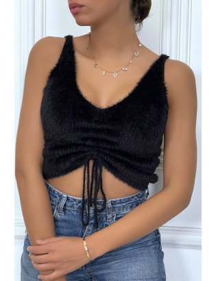 Crop top noir duveteux à ficelle réglable - 1