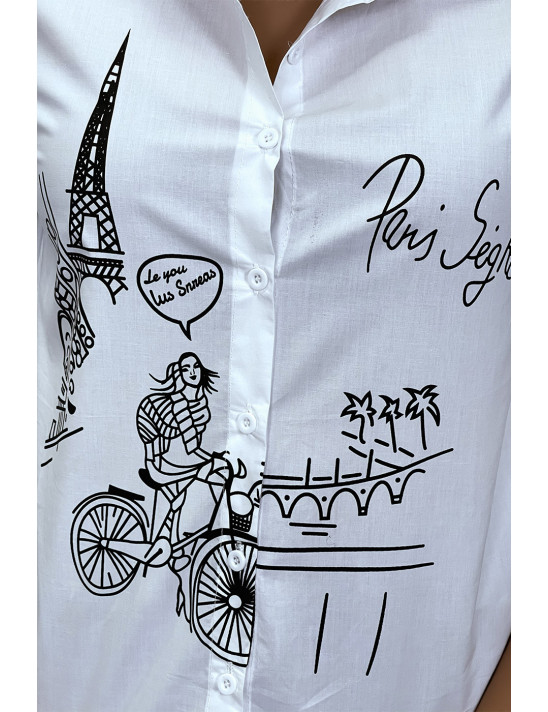 Chemise blanche cintrée avec illustration Paris - 1