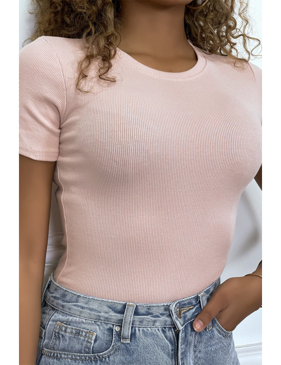 T-shirt moulant rose à manches courtes, col rond - 4