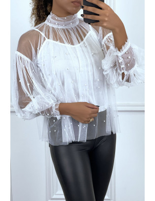 Blouse blanche en tulle transparent perlé à col haut - 1