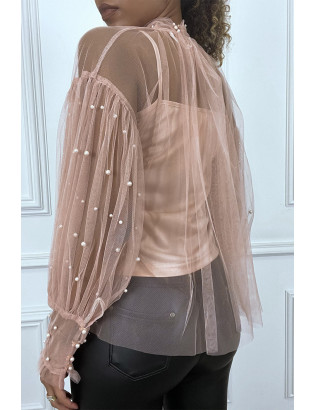 Blouse rose en tulle transparent perlé à col haut - 2