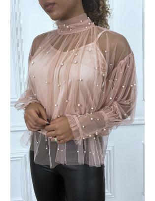 Blouse rose en tulle transparent perlé à col haut - 3