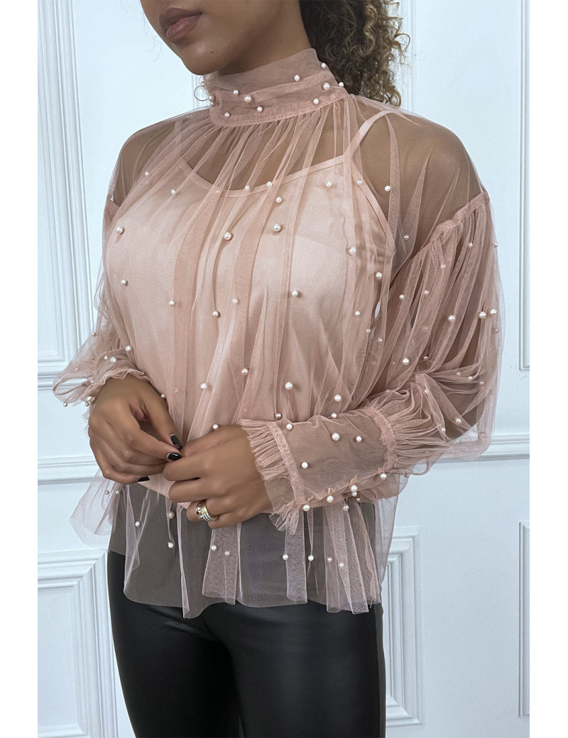 Blouse rose en tulle transparent perlé à col haut - 3