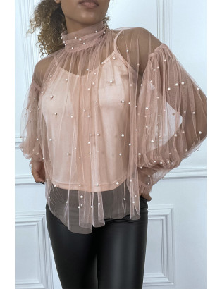 Blouse rose en tulle transparent perlé à col haut - 4