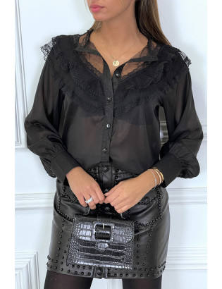 Chemise noire avec dentelle plissé et volant très chic - 2