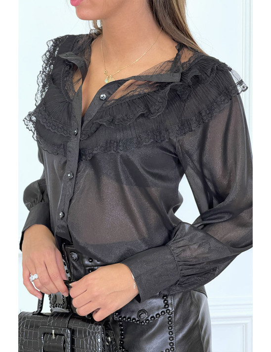 Chemise noire avec dentelle plissé et volant très chic - 3 Chemise noire avec dentelle plissé et volant très chic - 3