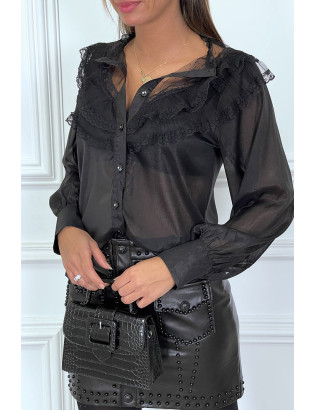 Chemise noire avec dentelle plissé et volant très chic - 4