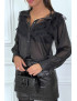 Chemise noire avec dentelle plissé et volant très chic - 4