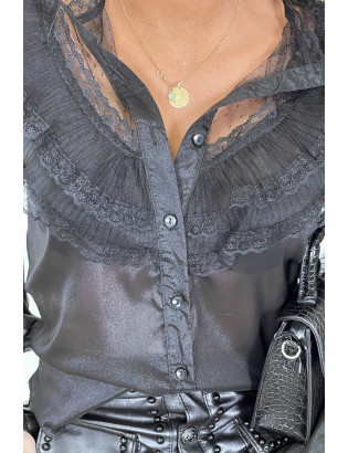 Chemise noire avec dentelle plissé et volant très chic - 5