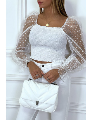 Crop top blanc plissé à élastique et manches en tulle bouffantes plumetis - 1