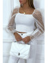 Crop top blanc plissé à élastique et manches en tulle bouffantes plumetis - 1