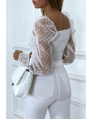 Crop top blanc plissé à élastique et manches en tulle bouffantes plumetis - 3