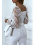 Crop top blanc plissé à élastique et manches en tulle bouffantes plumetis - 3