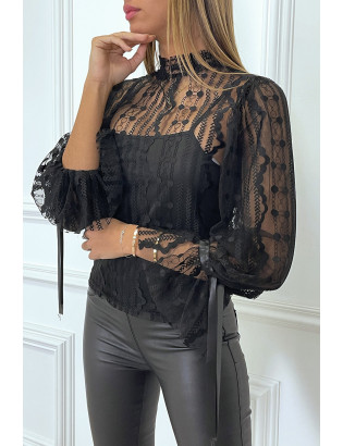 Blouse noire en tulle et dentelle à volants - 2
