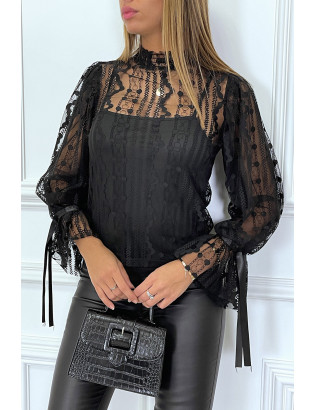 Blouse noire en tulle et dentelle à volants - 7