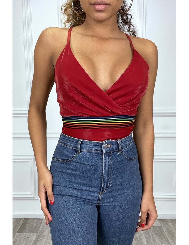 Body bordeaux brillant cache coeur à bande multicolores - 1