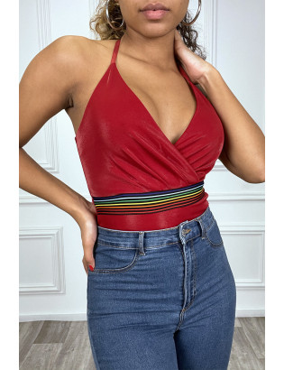 Body bordeaux brillant cache coeur à bande multicolores - 4