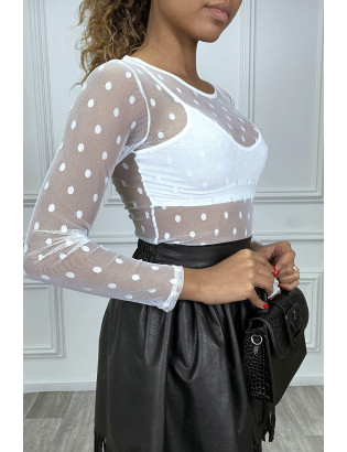 Body blanc en tulle transparent à pois - 2