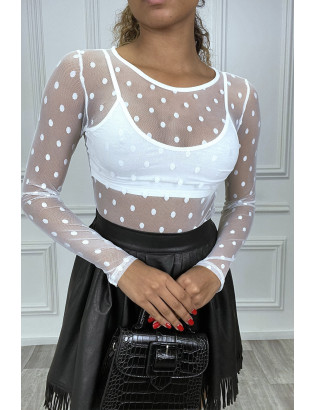 Body blanc en tulle transparent à pois - 3