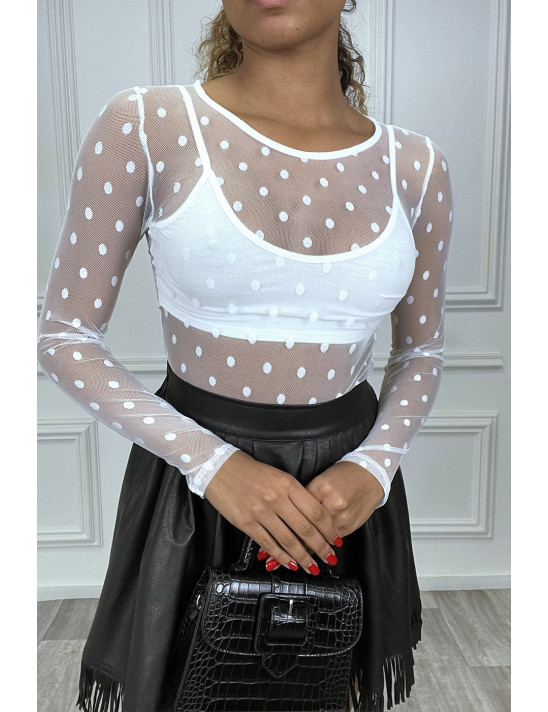 Body blanc en tulle transparent à pois - 3