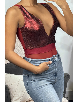 Body bordeaux en tulle et sequin à col plongeant - 2
