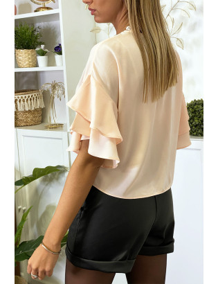 Blouse rose en crêpe avec volants aux manches - 3