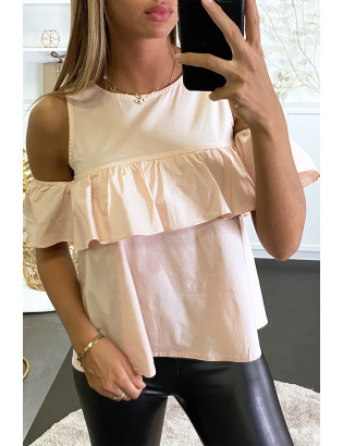 Blouse rose à volant et épaules dénudées effet bouffant. - 2