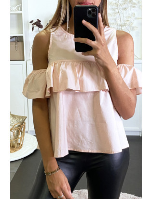 Blouse rose à volant et épaules dénudées effet bouffant. - 3