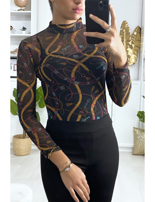 Body transparent à motif V col montant avec fermeture au dos - 2