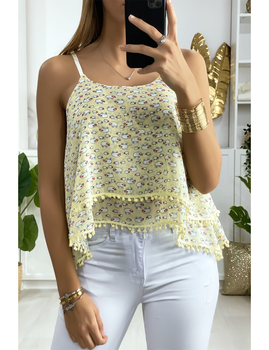 Débardeur jaune à volant avec motif et mini pompon - 2