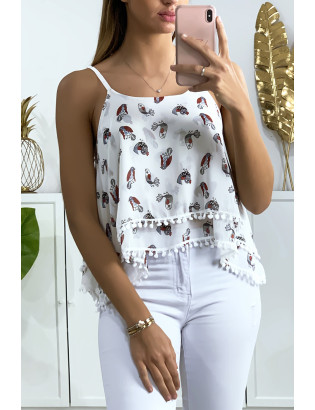 Débardeur blanc à volant avec motif et mini pompon - 1