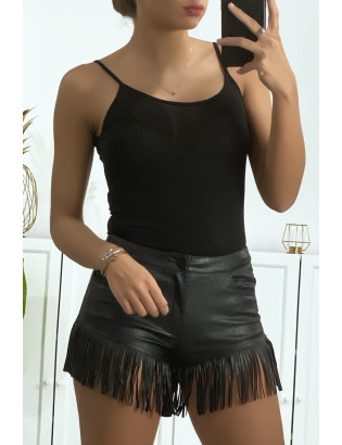 Joli short noir en simili avec poches et frange - 2